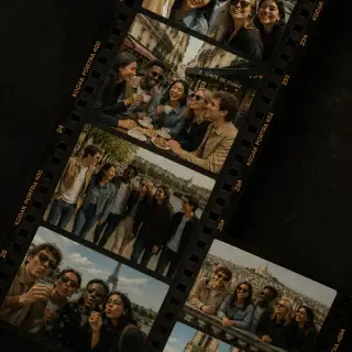 A mixed film strip of friends travelling together