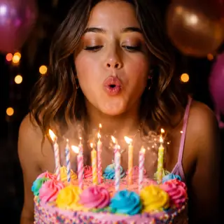 A birthday guest blowing out candles